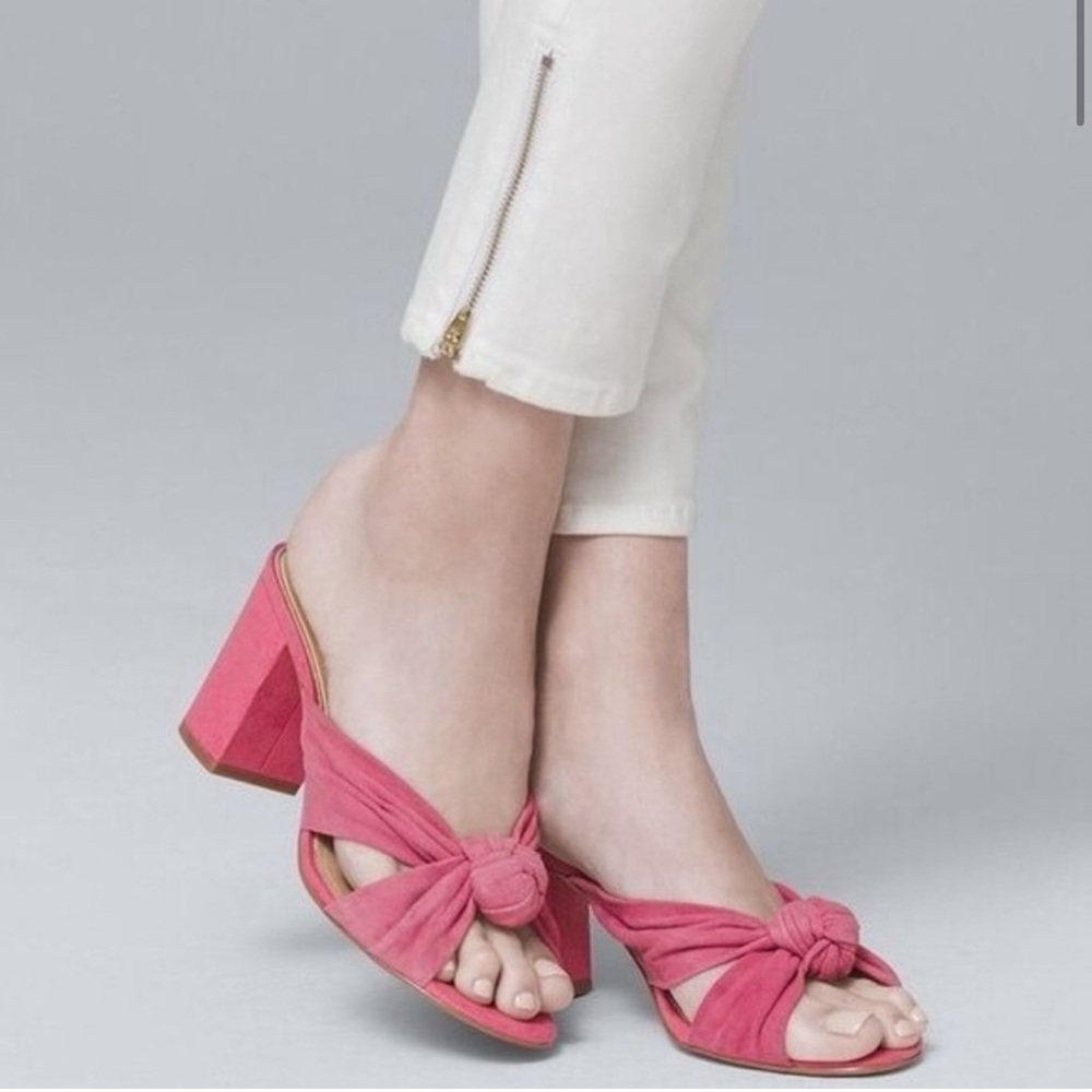 WHBM Salmon Pink Suede Knot Block Heel Open Toe Sandals